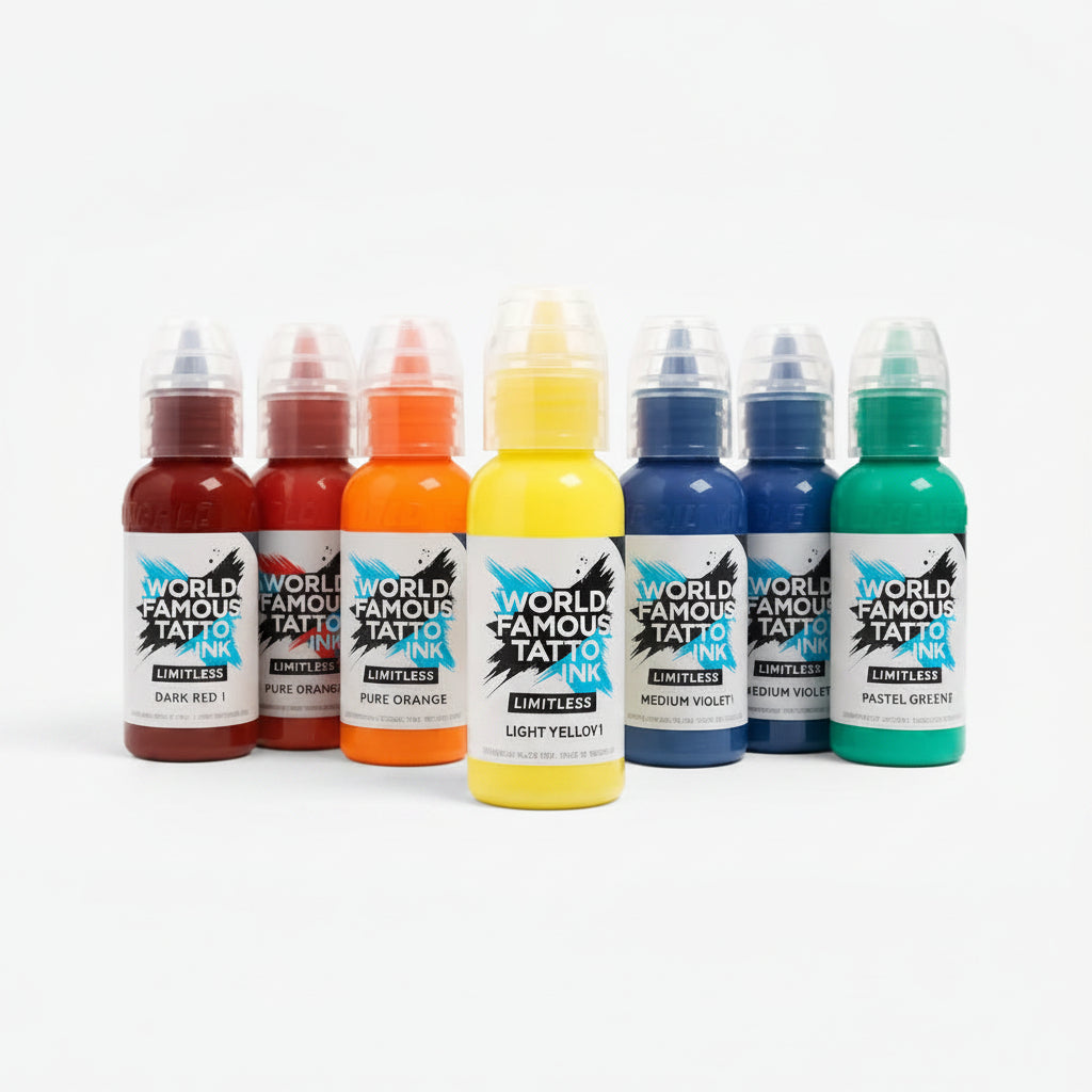 Set of World Famous Tattoo Ink bottles in various colors on a white background