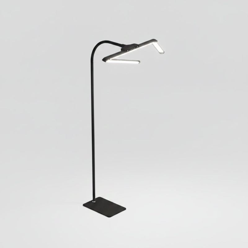 Black floor lamp with adjustable arm on a white background
