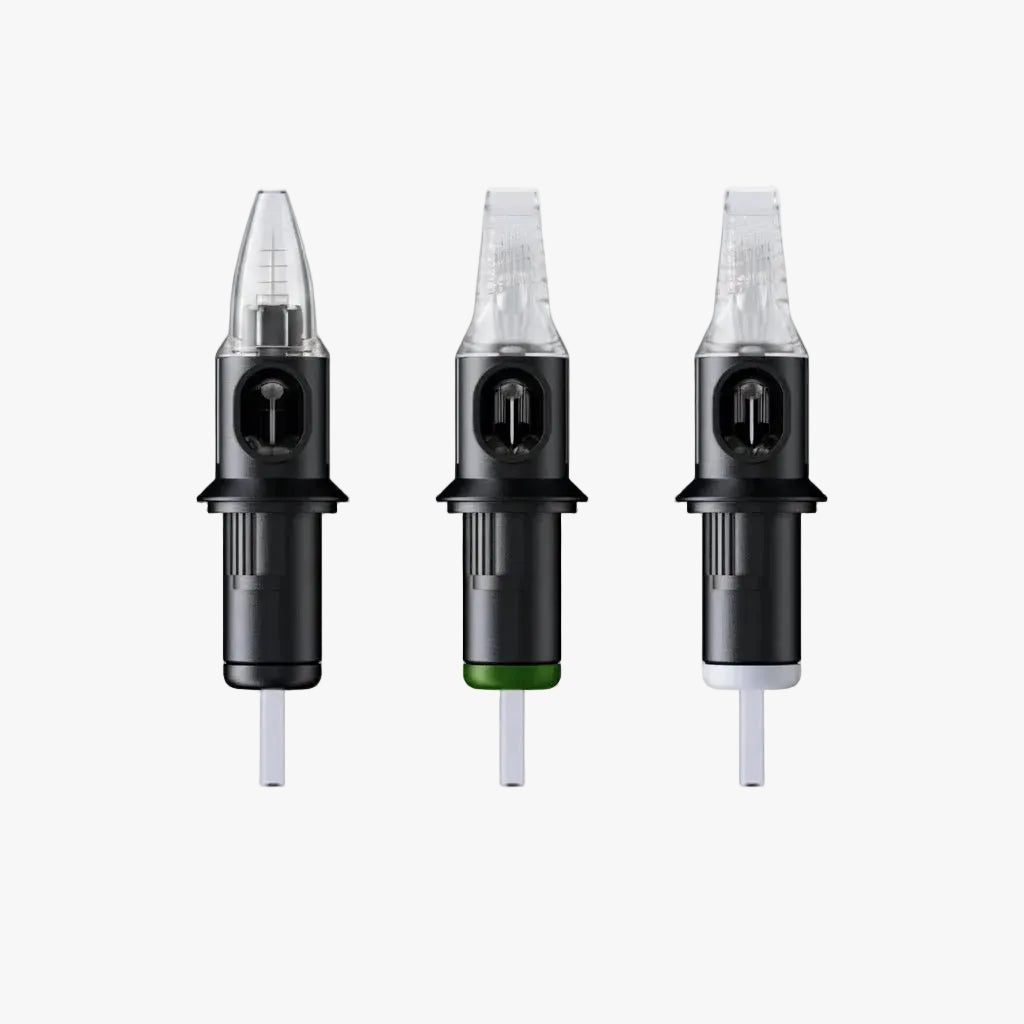 Three black tattoo ink cartridges with visible branding on a white background