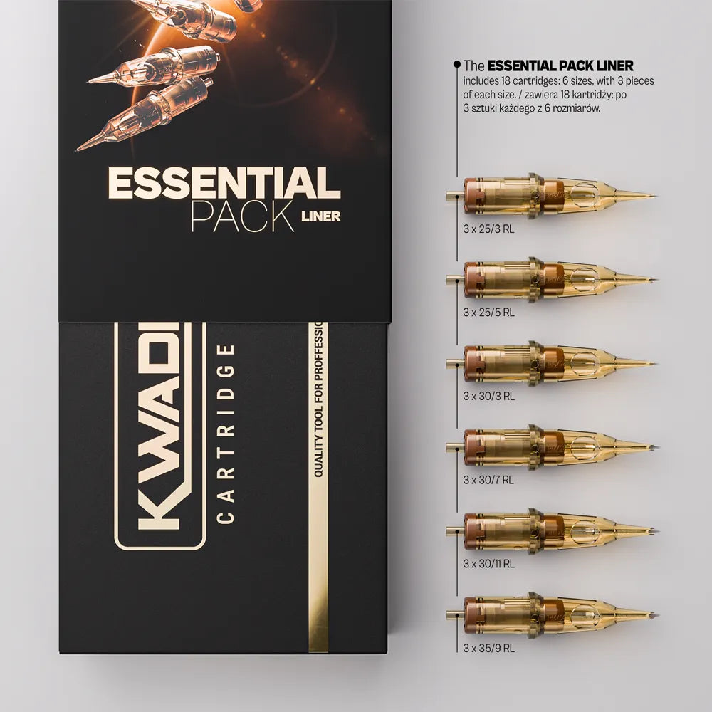 Kwadron Essential Pack Liners, 
3x 25/3RL, 
3x 25/5RL, 
3x 30/3 RL,
3x 30/7RL,
3x 30/11RL,
3x 35/9RL