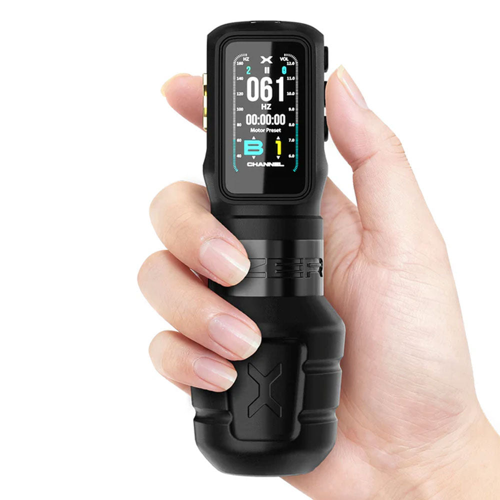 OZER X Channel wireless tattoo pen machine 4.2mm stroke held in hand with OLED display