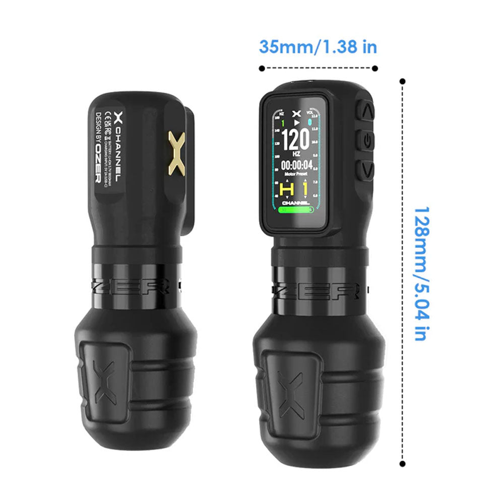 OZER X Channel wireless tattoo pen machine dimensions 128mm height and 35mm width