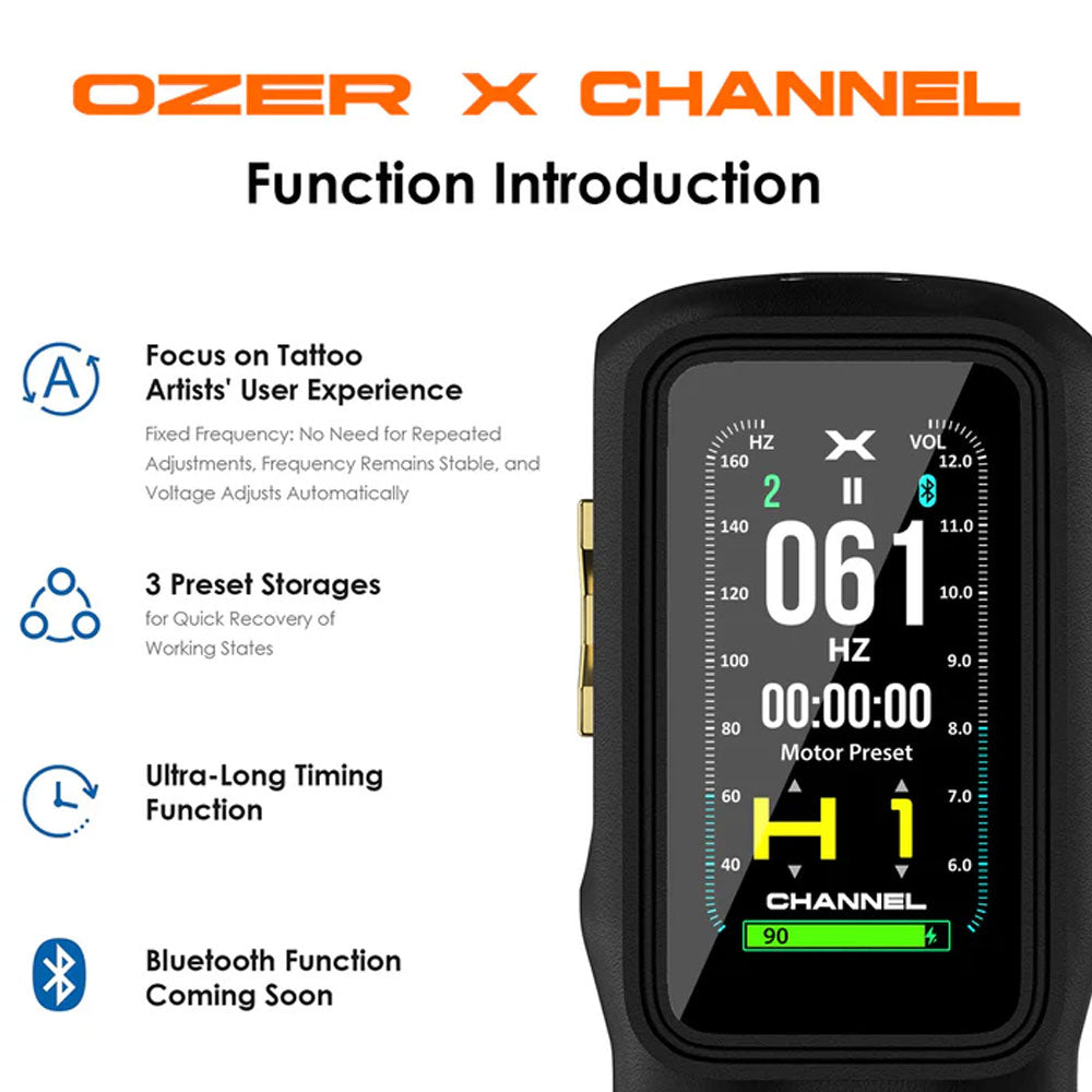 OZER X Channel tattoo machine OLED display showing frequency presets and timer function
