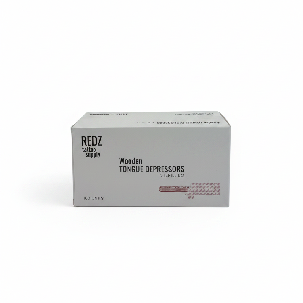 A white rectangular box of REDZ Tattoo Supply Wooden Tongue Depressors, 100 units, shown against a plain white background.