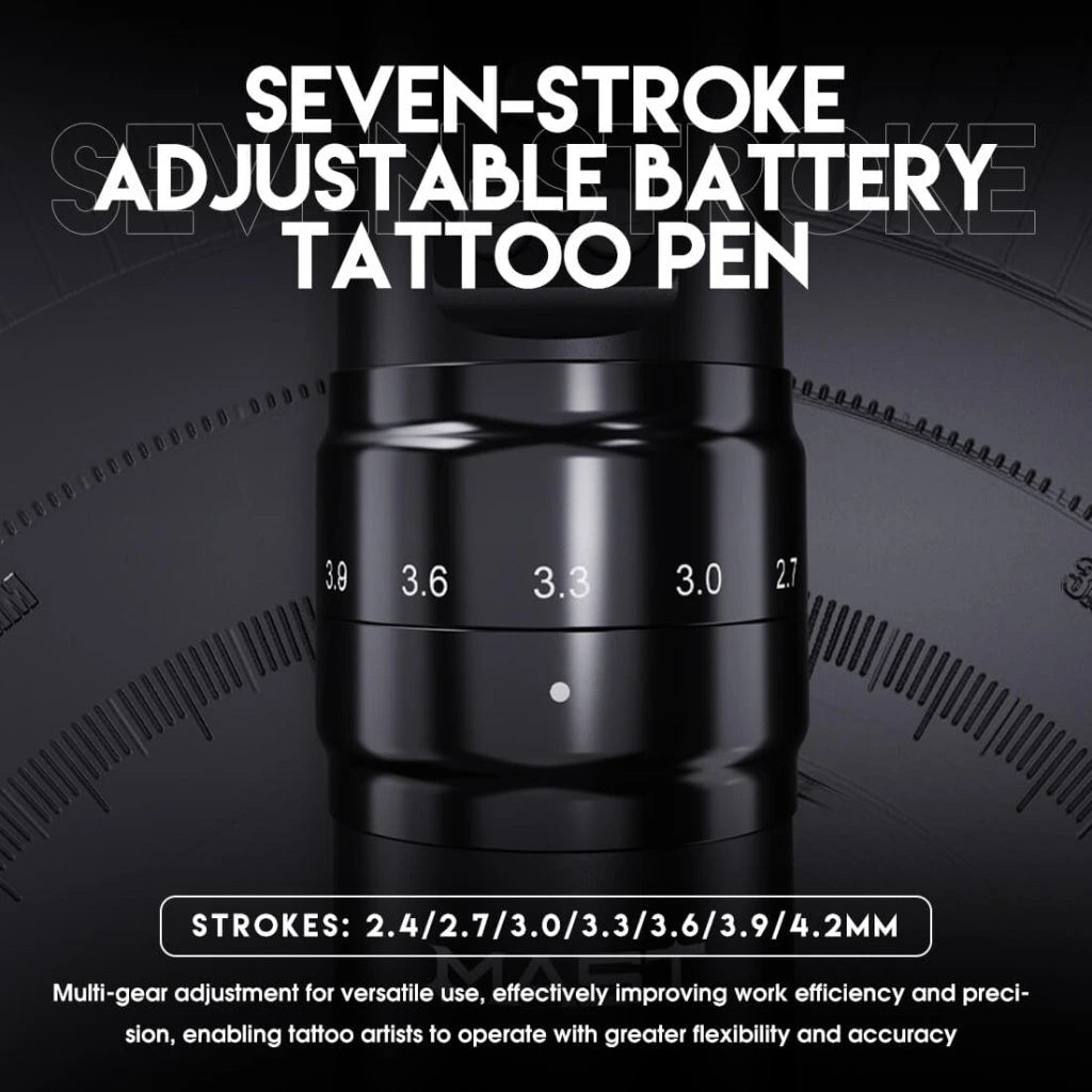 Seven-stroke adjustable battery tattoo pen with gear adjustments on a black background