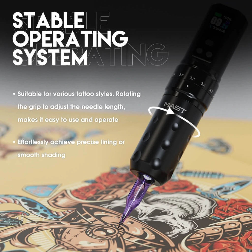 Tattoo machine with text about stable operating system and ease of use on a tattoo design background.