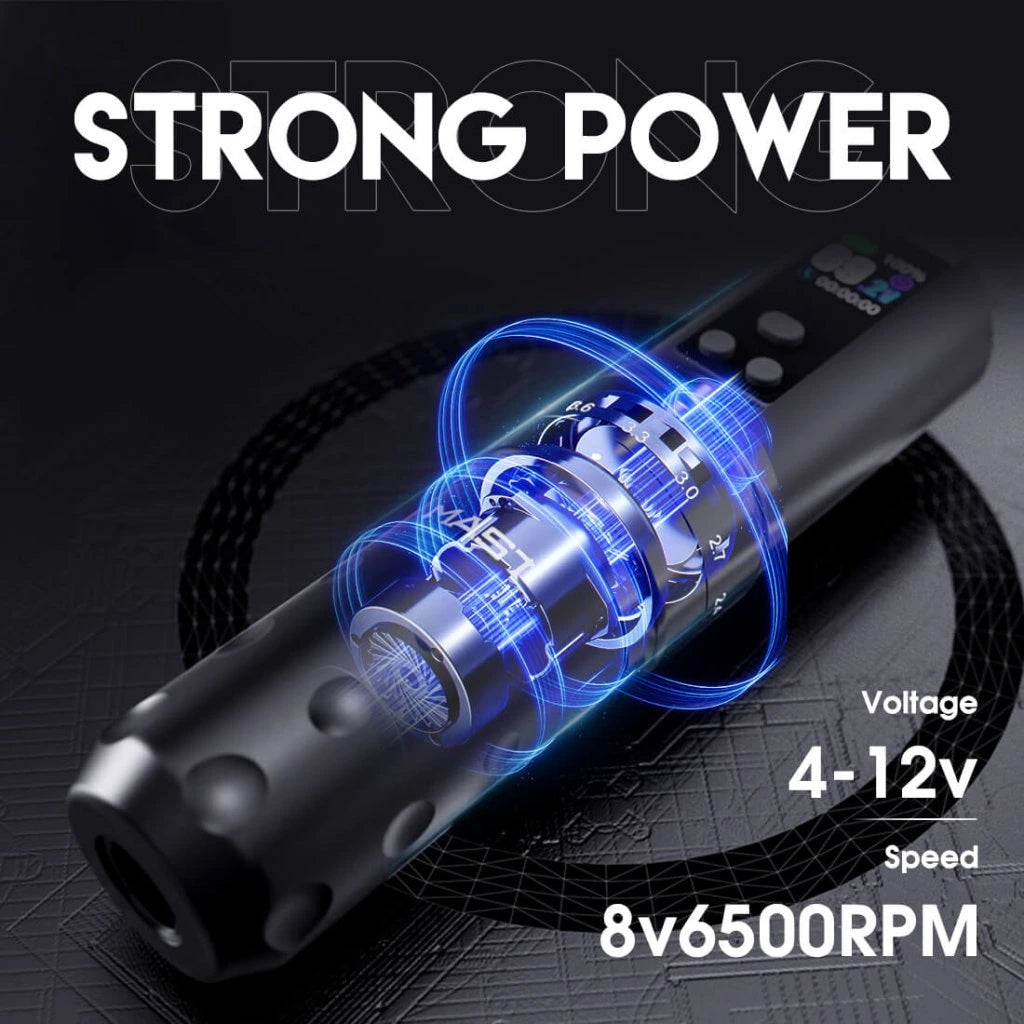Black electronic device with blue glowing component labeled 'STRONG POWER' on a dark background.