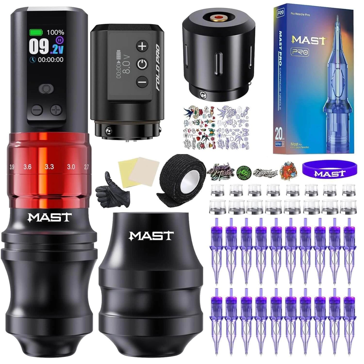 Tattoo machine and accessories with MAST branding on a white background