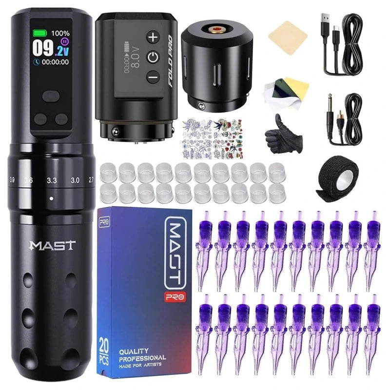 Tattoo machine, ink cartridges, and accessories on a white background