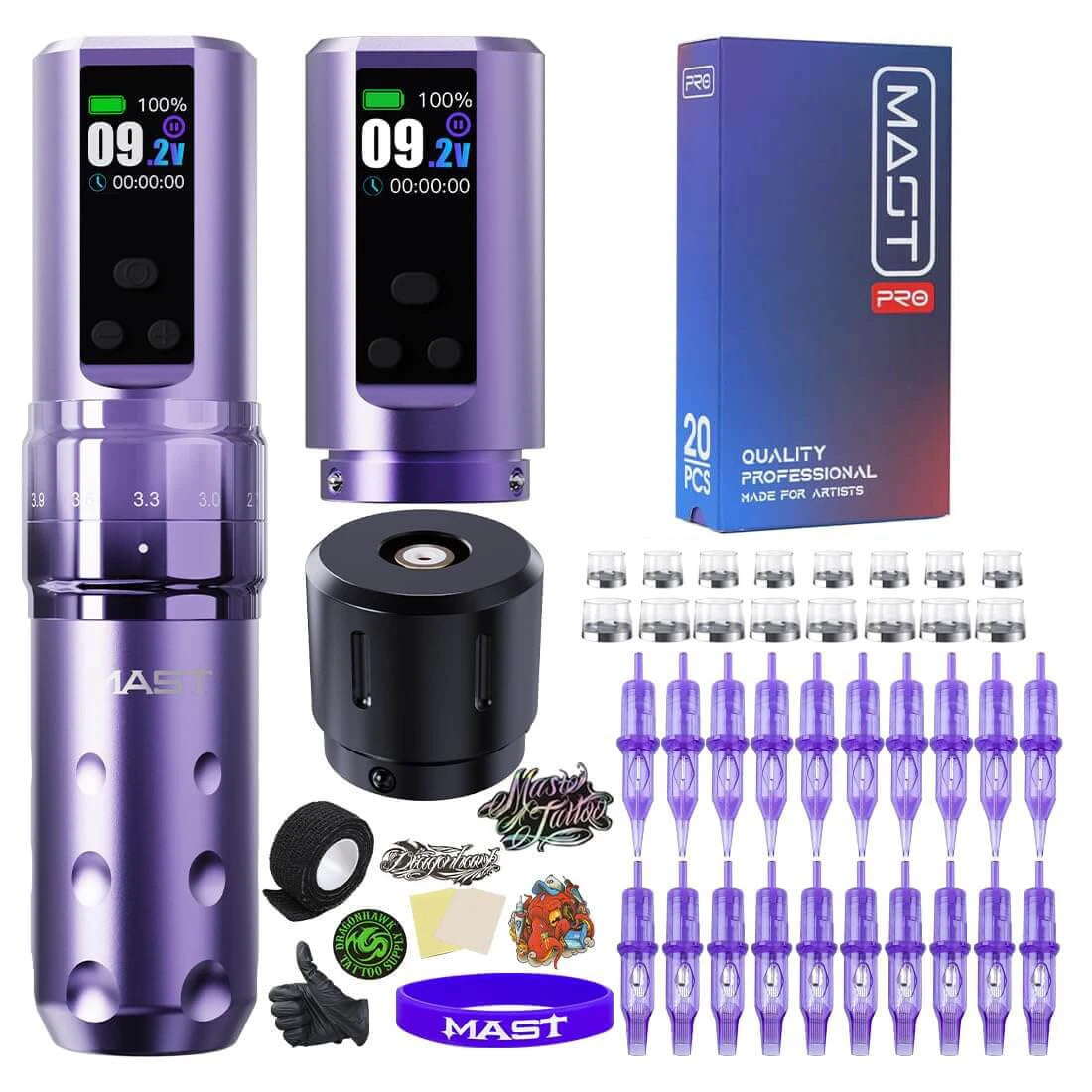 Purple tattoo machine gun set with accessories and MAST branding on a white background