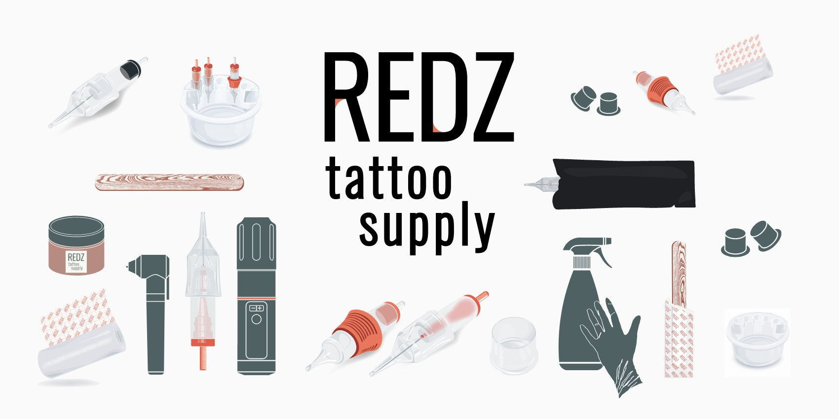 Collection of tattoo supplies with 'REDZ tattoo supply' branding on a white background