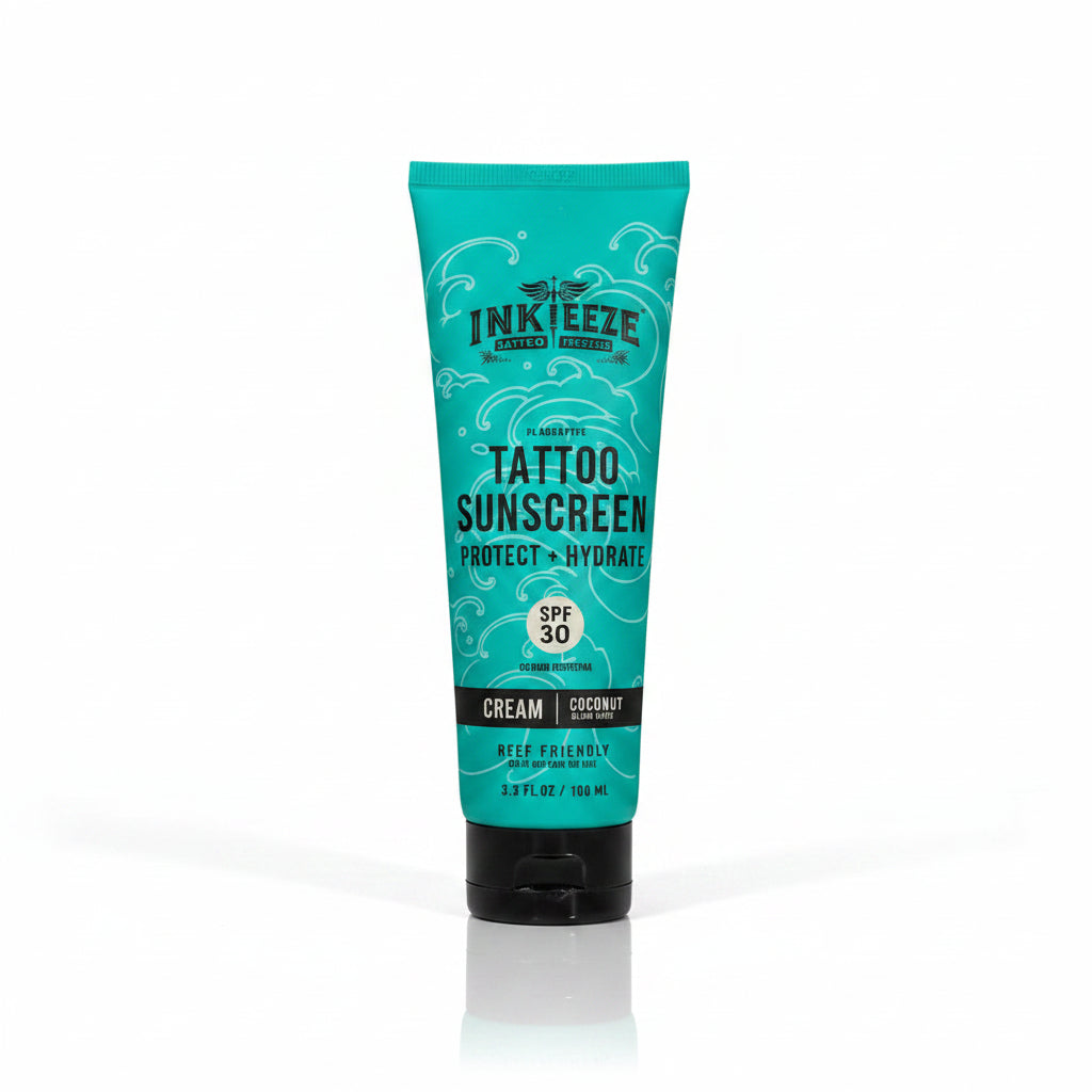 Tube of Inkleeze Tattoo Sunscreen on a teal background