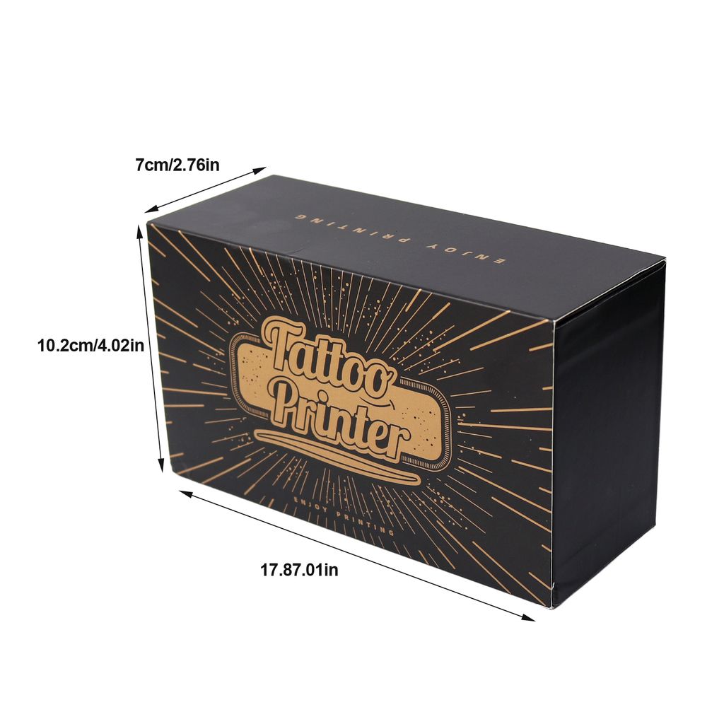 Black box with 'Tattoo Printer' branding and dimensions on a white background