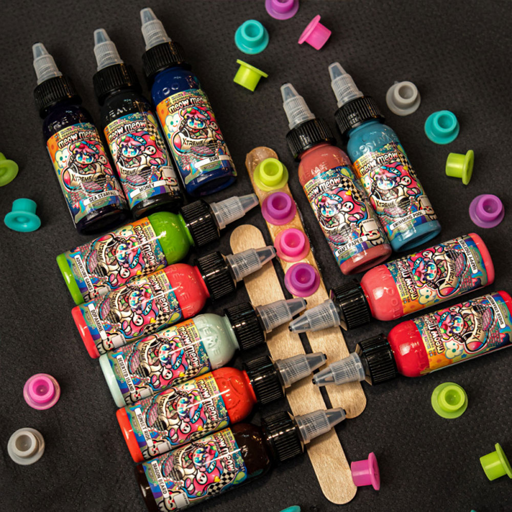 xtreme ink meow meow set inks on display